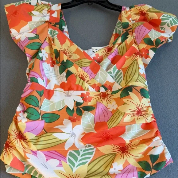 Tea n Cup Vibrant Floral Ruched Blouse - Orange, Green, White - Picture 4 of 10